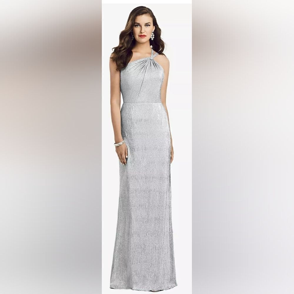 Dessy Collection 3064 One-Shoulder Twist Metallic Trumpet GownโNWT sz 4 Silver